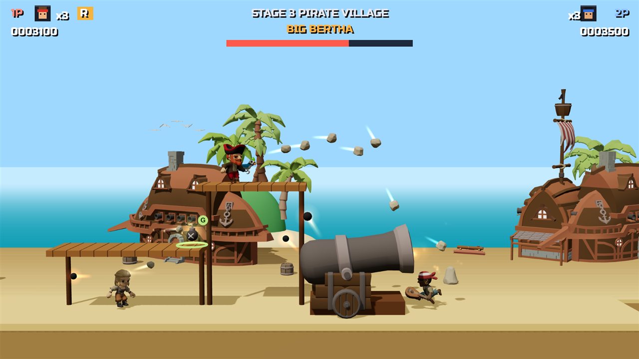 3D pirate game in the browser – PIRATE RUN Pirate Village stage with palm trees and a cannon